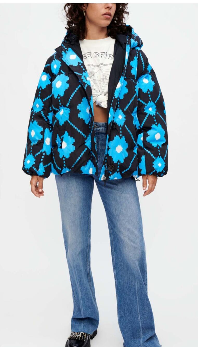 Maje Mod Flower Print Sporty Winter Jacket Black Blue